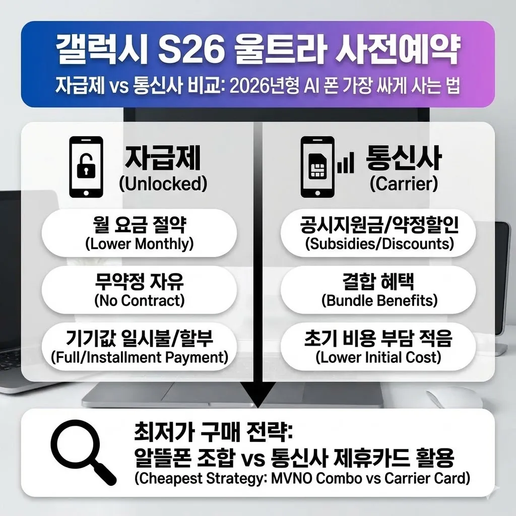 갤럭시 S26 울트라 사전예약 자급제 vs 통신사 비교: 2026년형 AI 폰 가장 싸게 사는 법